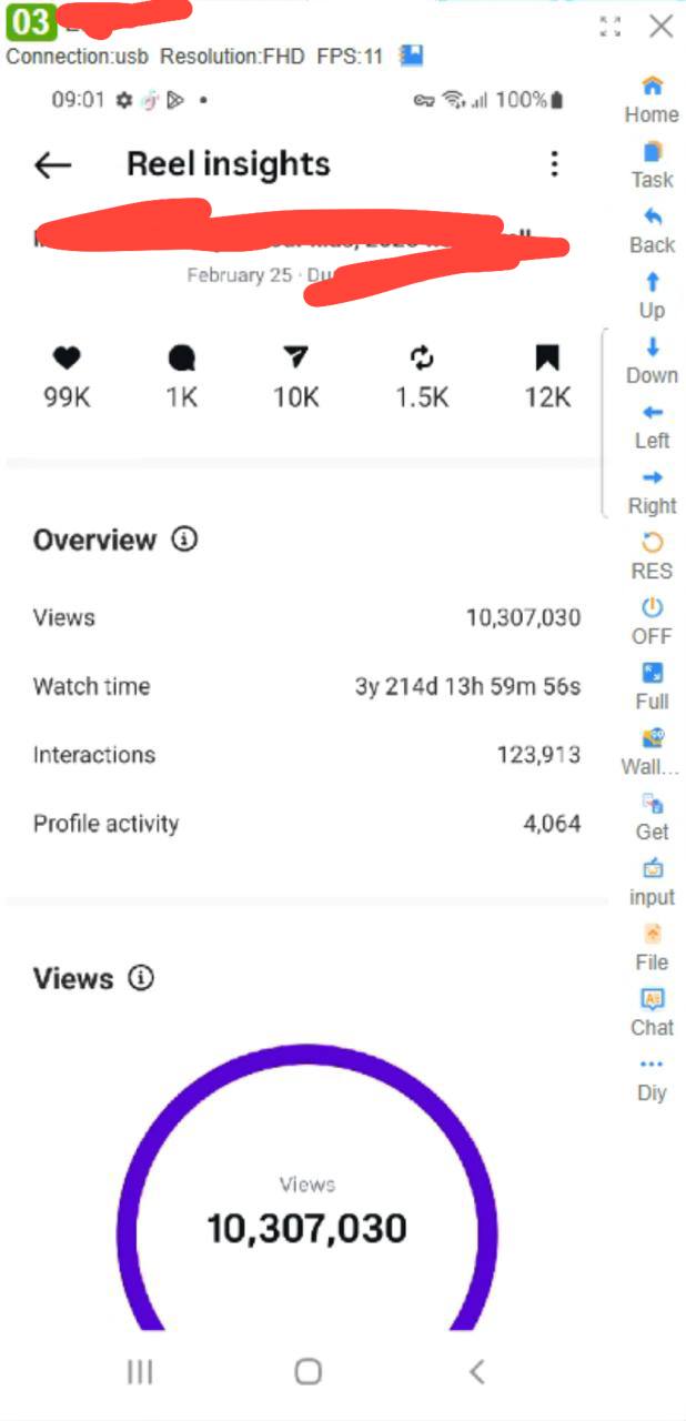 Instagram reel insights showing 10.3 million views